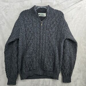 Aran Crafts Ireland Mens Small Charcoal Grey Wool Cable Knit Full Zip Sweater